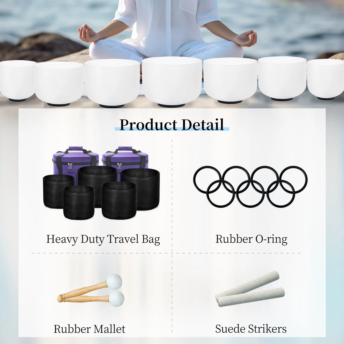 Hye-eun 7pcs 7"-12" Crystal Singing Bowls Chakra Set of 7 with Carrying Cases for Yoga Medication Sound Healing Deep Relaxation