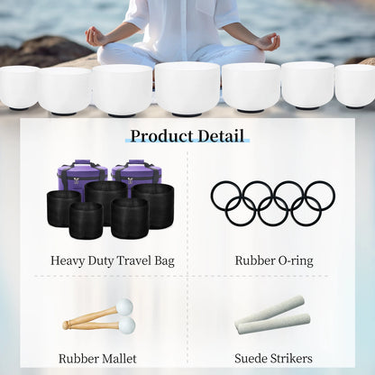 Hye-eun 7pcs 7"-12" Crystal Singing Bowls Chakra Set of 7 with Carrying Cases for Yoga Medication Sound Healing Deep Relaxation