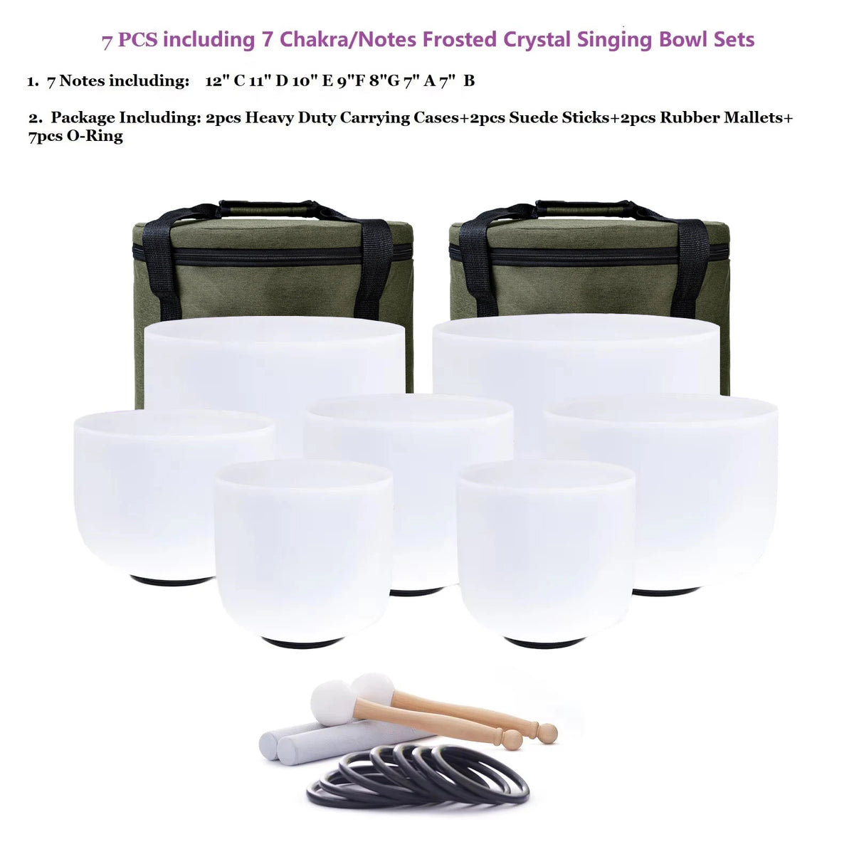 Hye-eun 7pcs 7"-12" Crystal Singing Bowls Chakra Set of 7 with Carrying Cases for Yoga Medication Sound Healing Deep Relaxation