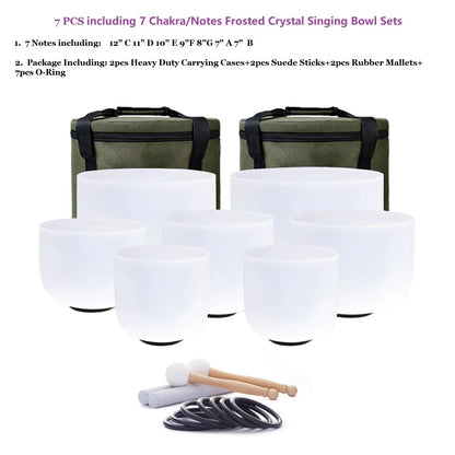 Hye-eun 7pcs 7"-12" Crystal Singing Bowls Chakra Set of 7 with Carrying Cases for Yoga Medication Sound Healing Deep Relaxation