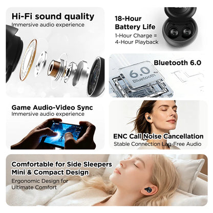 HTC NE91 Sleeping Aid Headphones Wireless Bluetooth Earphones Noise Reduction Earbuds Long Battery Life Fit Side Sleeper
