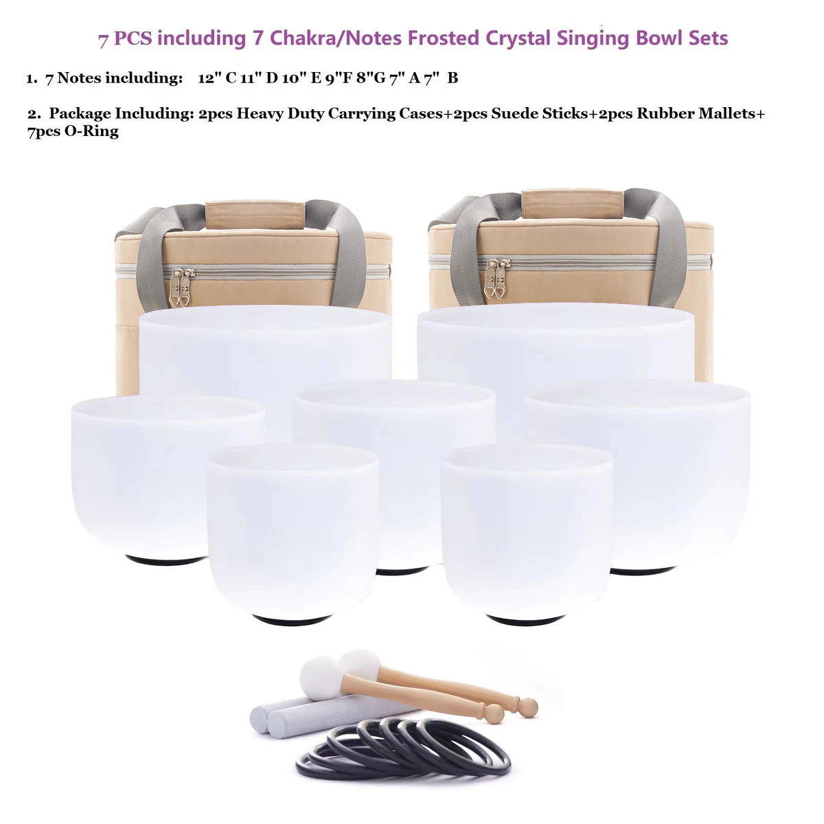 Hye-eun 7pcs 7"-12" Crystal Singing Bowls Chakra Set of 7 with Carrying Cases for Yoga Medication Sound Healing Deep Relaxation