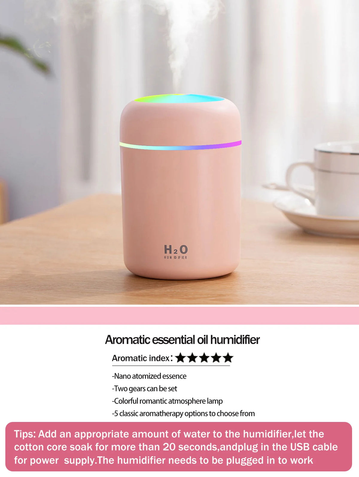 300ml Aromatherapy Diffuser Humidifier Air Purifier Car Home Use Seven-color Light Aromatherapy Essential Oil