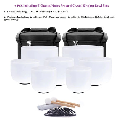 Hye-eun 7pcs 7"-12" Crystal Singing Bowls Chakra Set of 7 with Carrying Cases for Yoga Medication Sound Healing Deep Relaxation