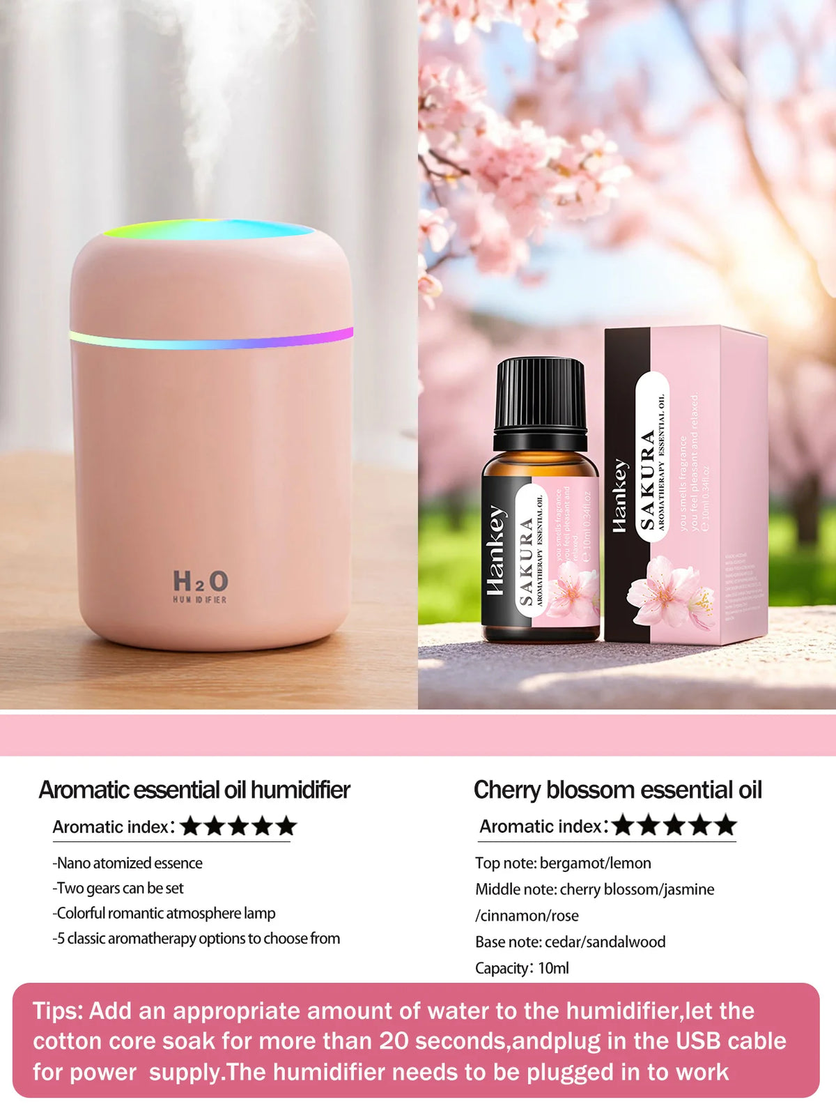 300ml Aromatherapy Diffuser Humidifier Air Purifier Car Home Use Seven-color Light Aromatherapy Essential Oil